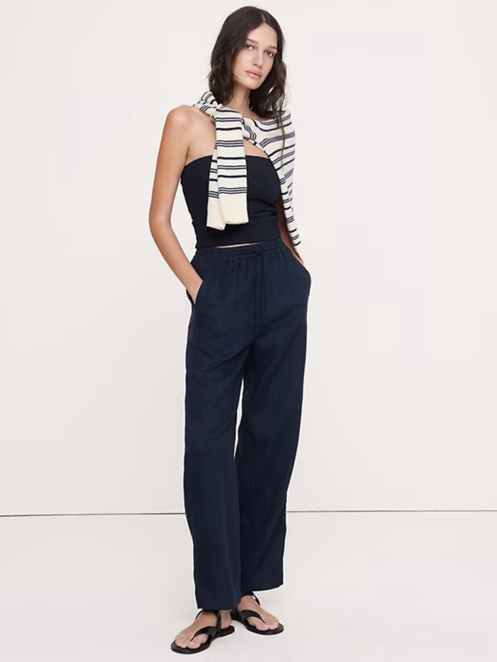 NWT! BANANA REPUBLIC NAVY THE GETAWAY STRAIGHT-LEG PULL-ON PANT IN LINEN 🖥️4️⃣
